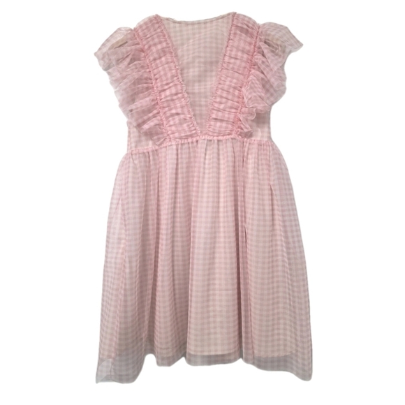 Peasant Dress Large Blue Pink Gingham Ruffled Dress Size Medium Sheer Romantic - Picture 3 of 10